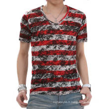 Mode Dye Stripe V Neck manches courtes été en gros en coton hommes T-shirt